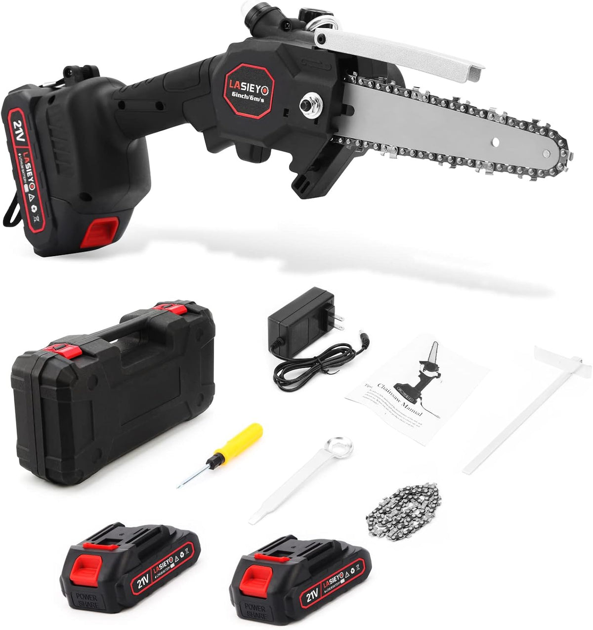 Cordless 6 Inch Brushless Mini Chainsaw with Oil System, 2Pcs 21V 2.0Ah Batteries H2657