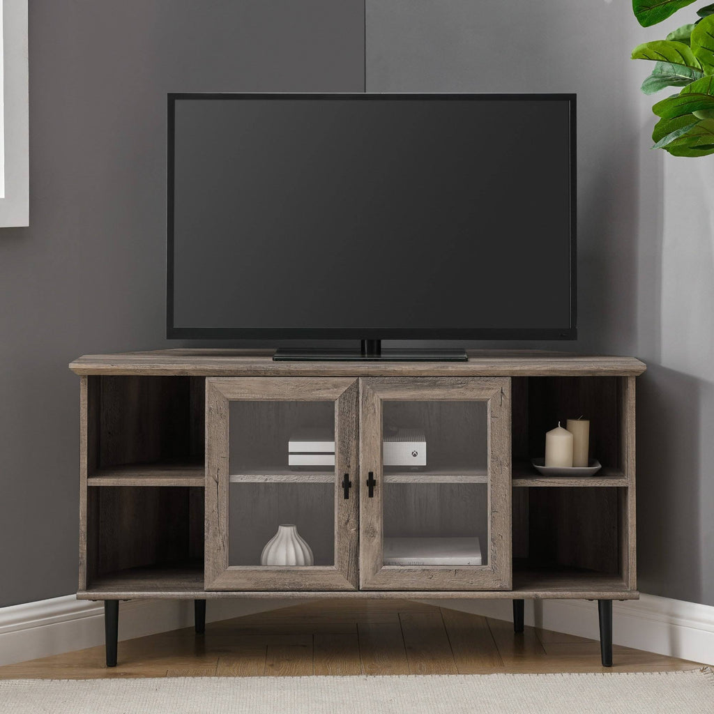 Dark Walnut Glass Door Corner TV Console Q57970