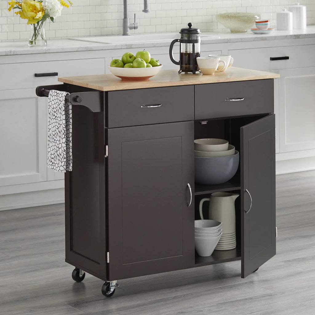 Large Black Kitchen Cart with Wood Top X149643