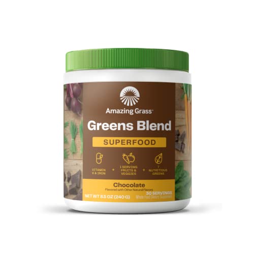 Super Greens Smoothie Mix with Organic Spirulina, Chlorella, Beet Root Powder, Digestive Enzymes & Probiotics, Chocolate, 30 Servings E2437