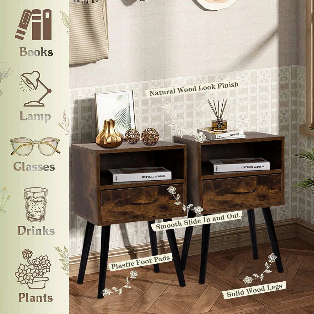 Set of 2 Nightstand with Drawer and Shelf, Wood Frame and Metal Legs, Brown R60430