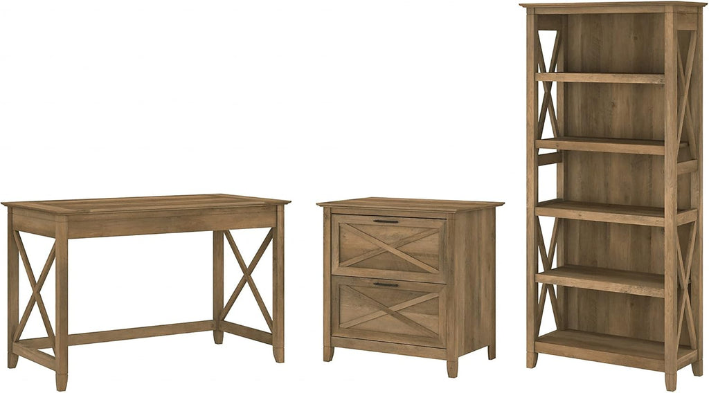 Key West Writing Desk with 2 Drawer Lateral File Cabinet and 5 Shelf Bookcase, 48W, Reclaimed Pine R729