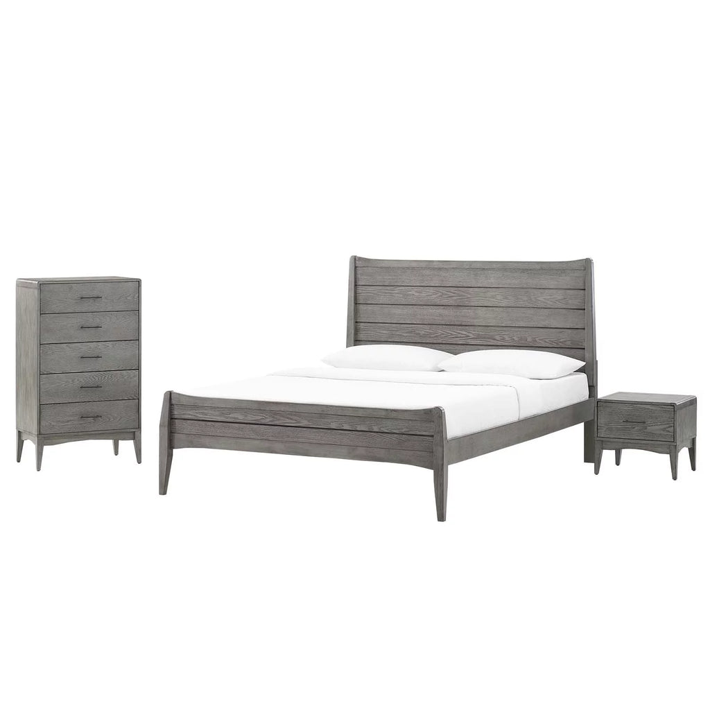 King Size Grey Wood Platform Bed Chest Nightstand Set W450