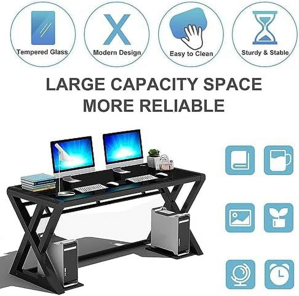 Glass Top X-Frame Metal Computer Desk 55.1 inches D210
