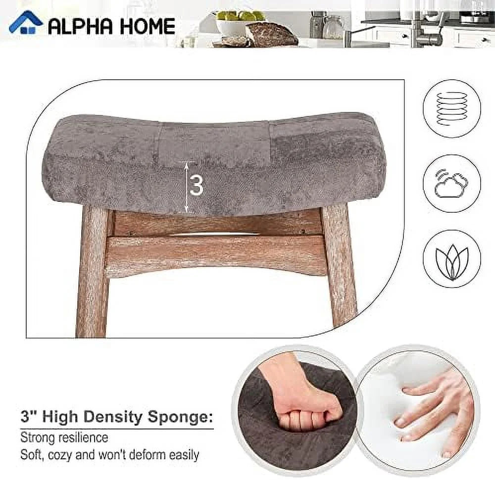 Solid Wood Saddle Kitchen Stool with Grey Linen Fabric Cushion Counter Height Barstool, 24 Inch B406