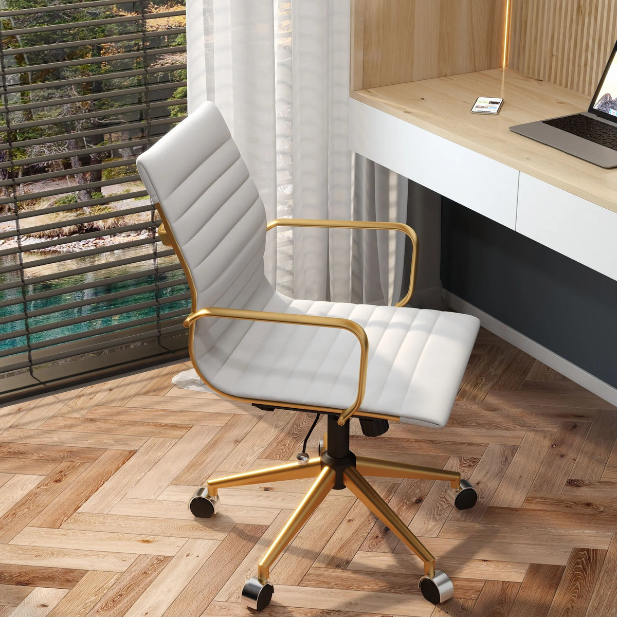 White Leather Adjustable Swivel Office Chair P9608