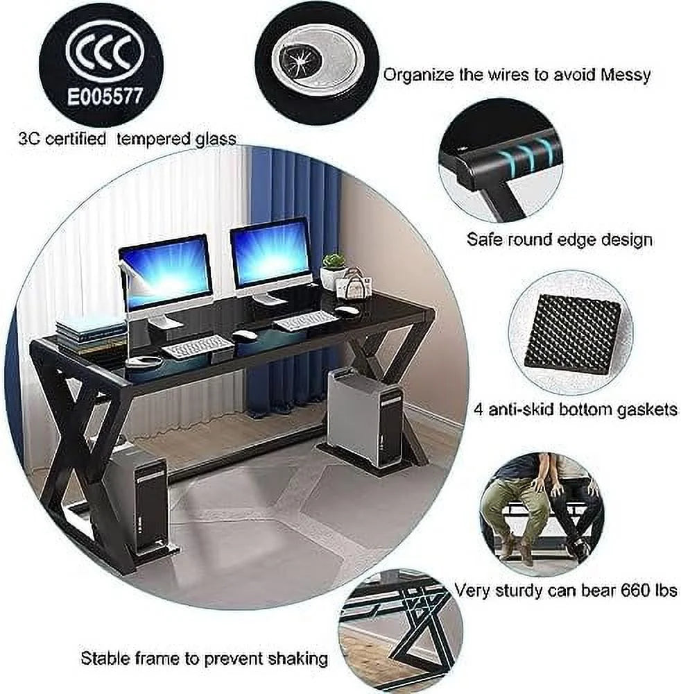 Glass Top X-Frame Metal Computer Desk 55.1 inches D210