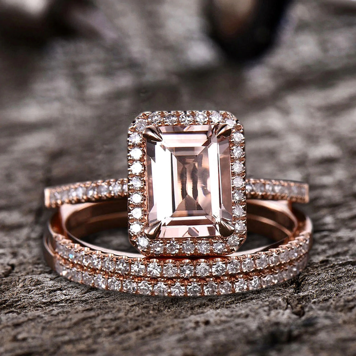 Emerald Cut Morganite Bridal Ring 10k Rose Gold Half Eternity N606917
