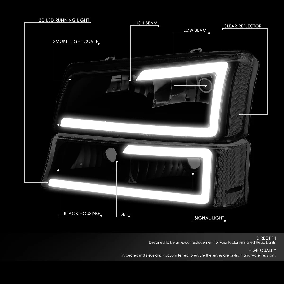 Pair 3D LED DRL Bar Headlight Dark Smoked J417