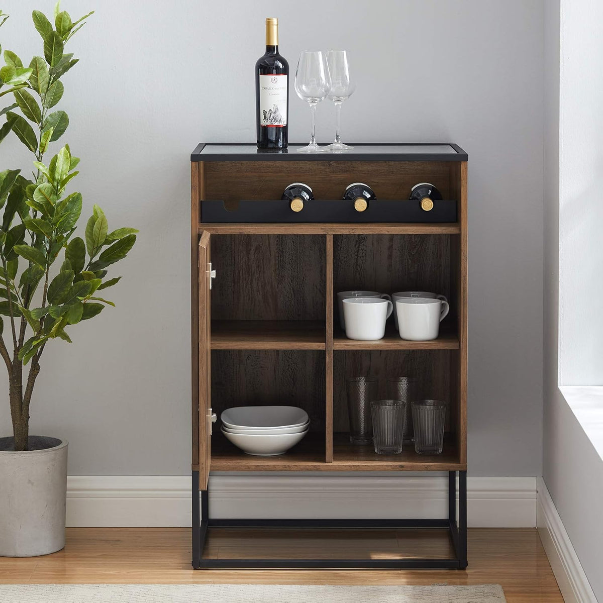 Rustic Oak Wood and Glass Bar Cabinet N1758