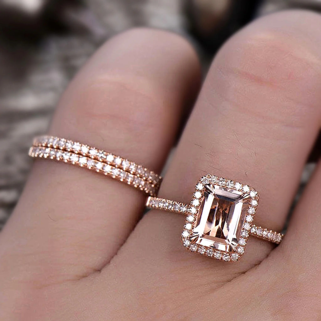 Emerald Cut Morganite Bridal Ring 10k Rose Gold Half Eternity N606917