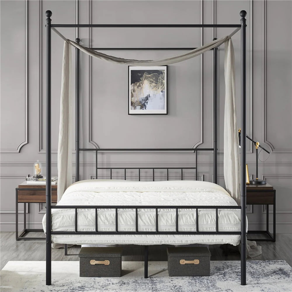 White Twin Metal Canopy Bed Frame with Headboard and Footboard E1617