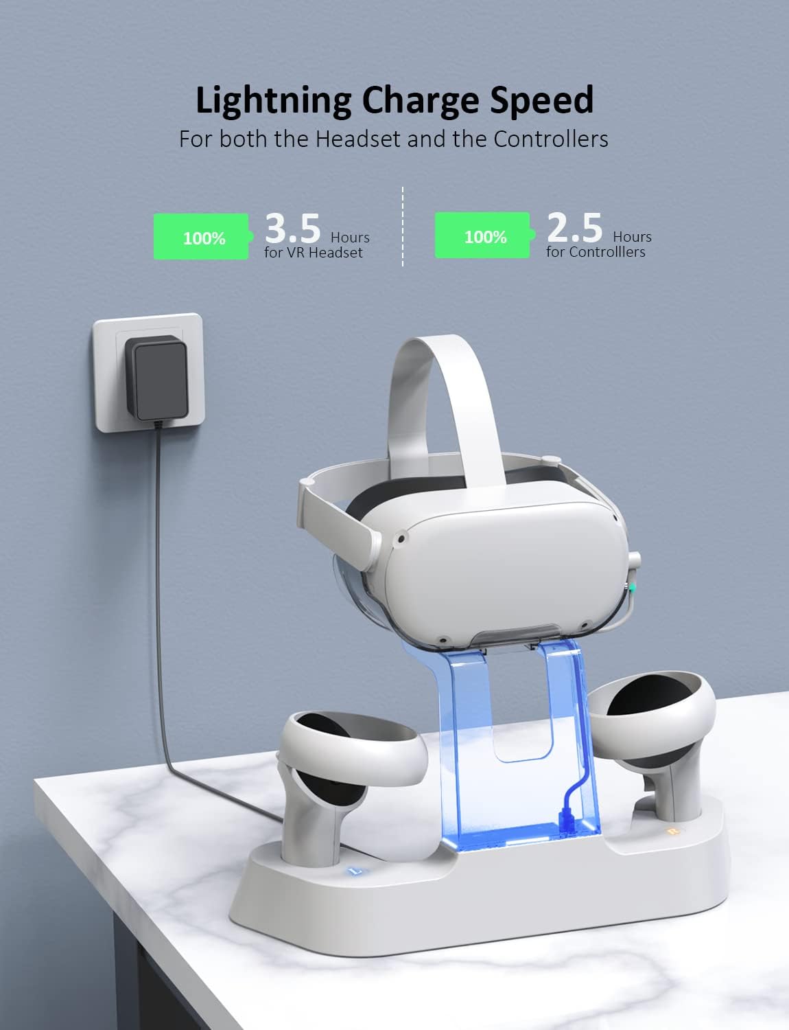 Charging Dock with LED Light for Oculus Quest 2, Headset Display Stand and Controller Mount, 2 Rechargeable Batteries, Magnetic Cable Pack of 2 R4869