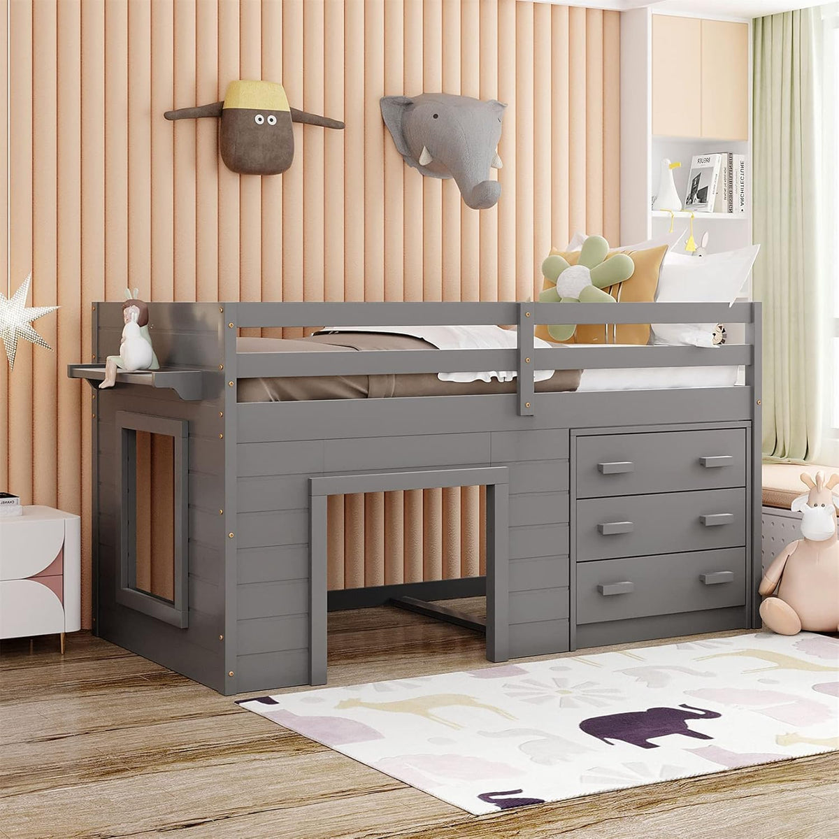 Espresso Wood Twin Low Loft Bed Frame with Storage Drawers P6177