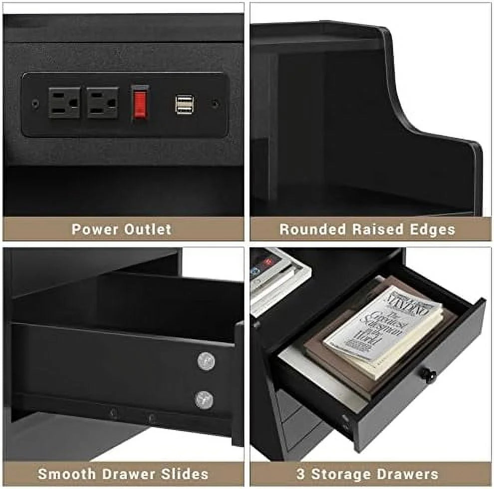 Black 3 Drawer Wood Nightstand with Charging Station J895