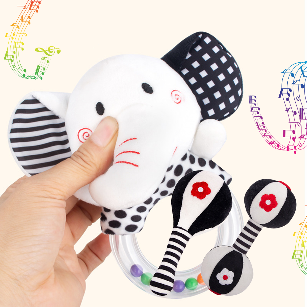 3PCS Soft High Contrast Black White Baby Rattles A79117
