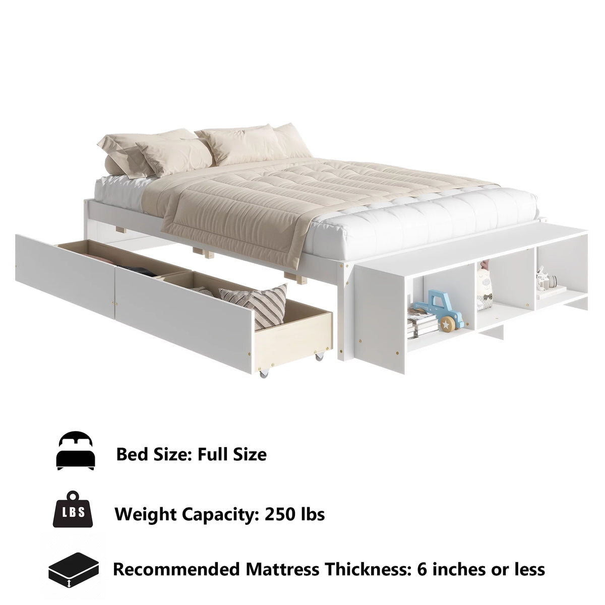 White Full Size Platform Bed with Storage Shelves and Drawer V221894