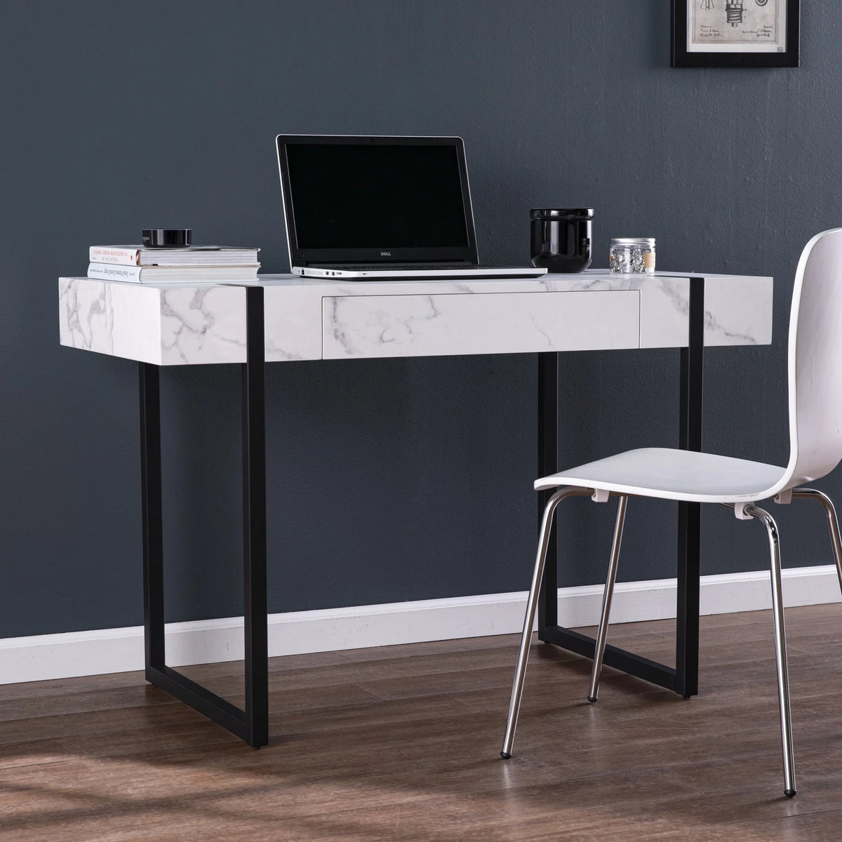 Black Modern Desk with White Faux Marble N3272