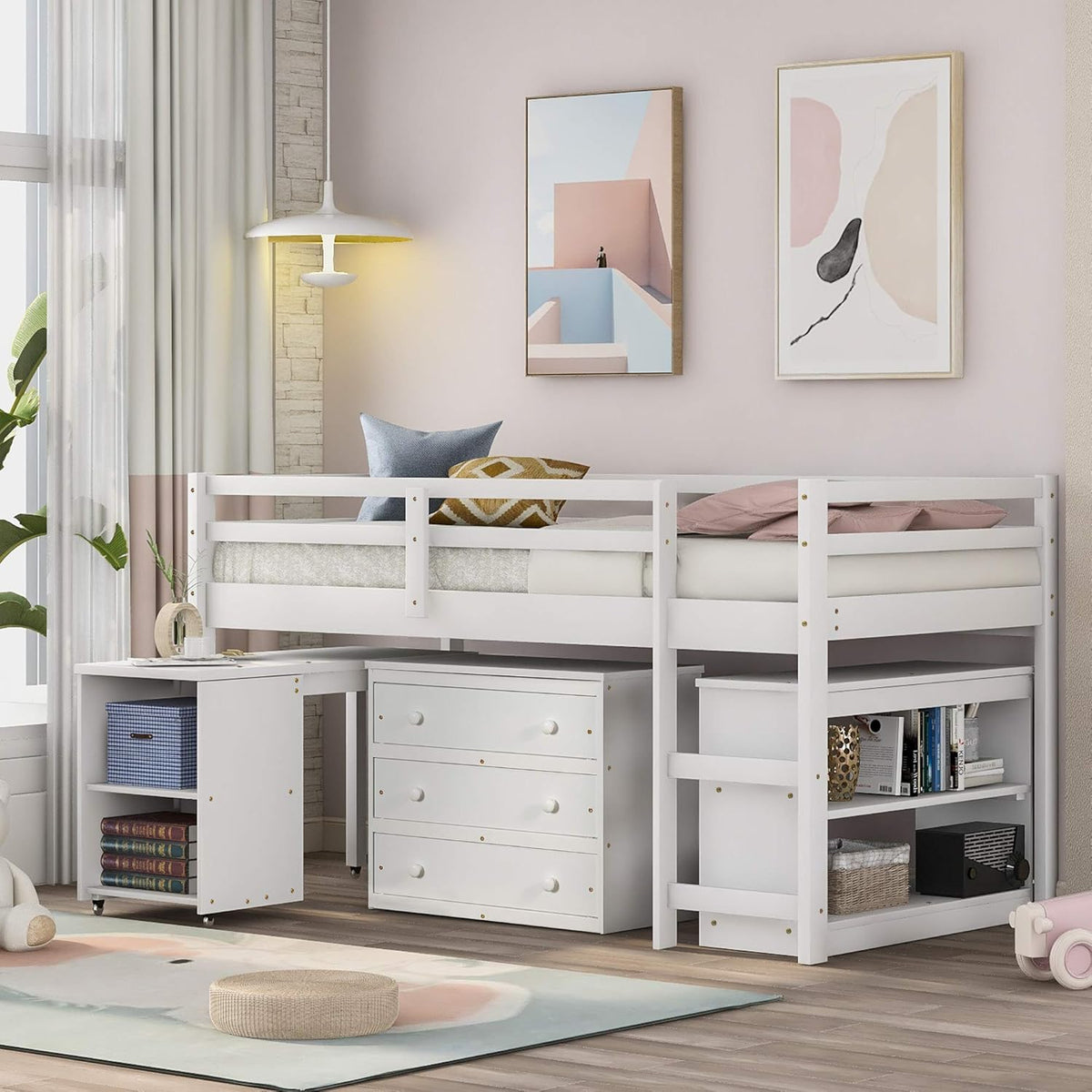 Espresso Wood Twin Low Loft Bed Frame with Storage Drawers P6177