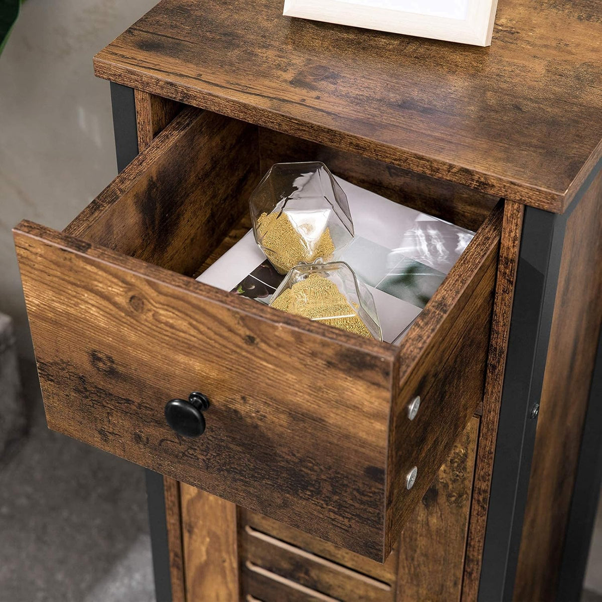 Rustic Brown Storage Cabinet with Drawer and Height-Adjustable Shelves K819229