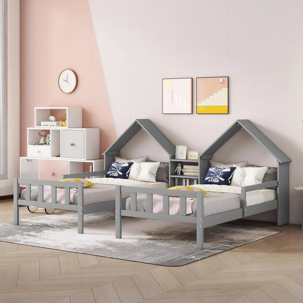 Wood Double House Bed with House-Shaped Headboard and Nightstand J26225