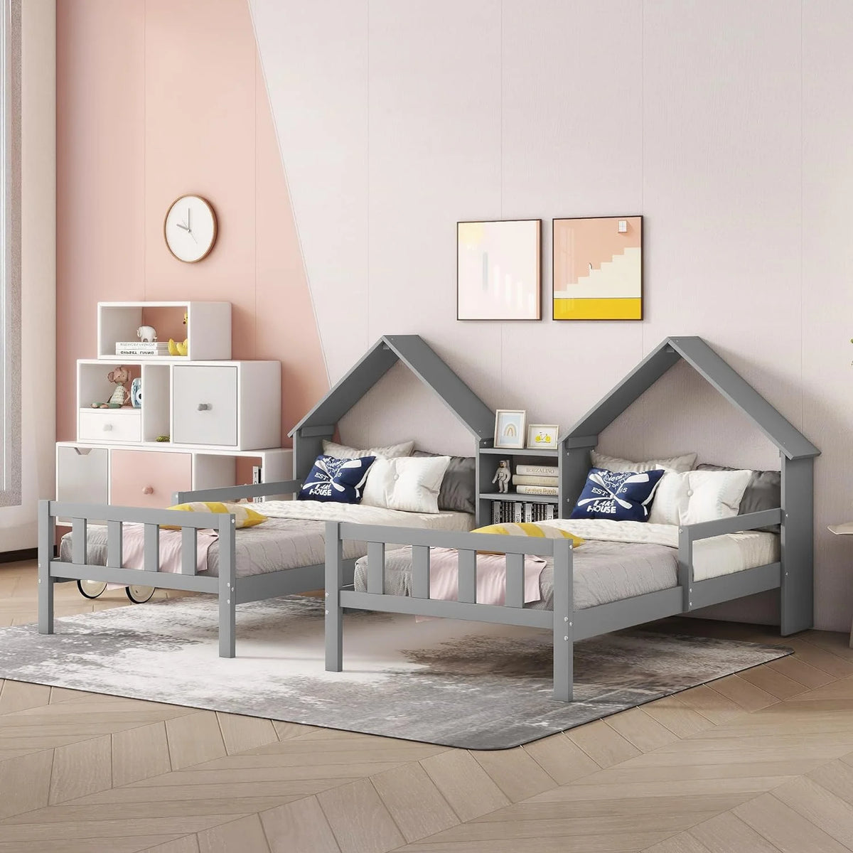 Wood Double House Bed with House-Shaped Headboard and Nightstand J26225