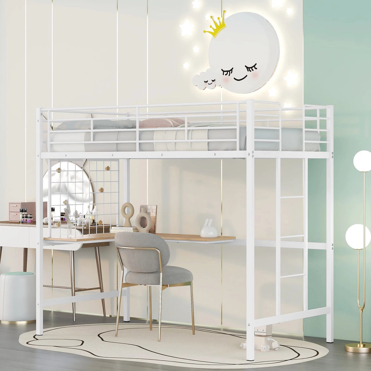 White Twin Metal Loft Bed with Desk, Ladder and Guardrail F17323