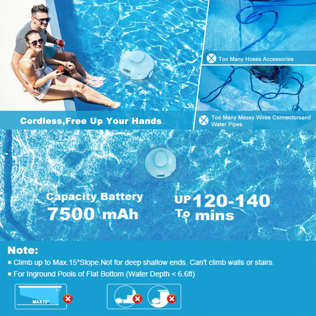 Cordless Robotic Pool Vacuum Cleaner 7500mAh Rechargeable IPX8 Waterproof X57837