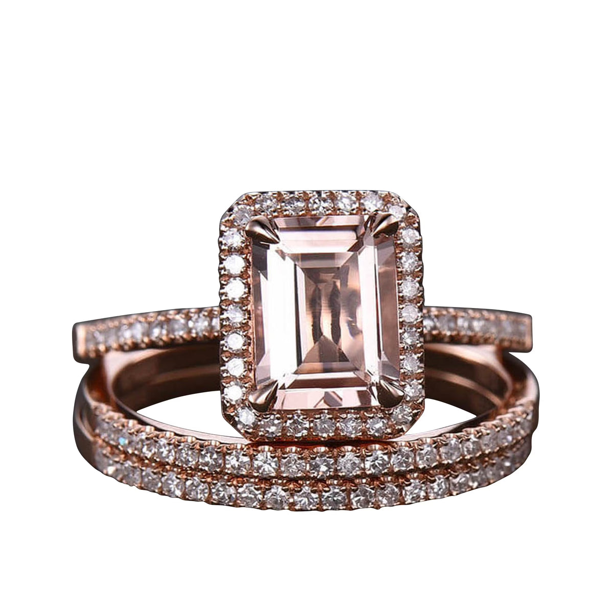 Emerald Cut Morganite Bridal Ring 10k Rose Gold Half Eternity N606917
