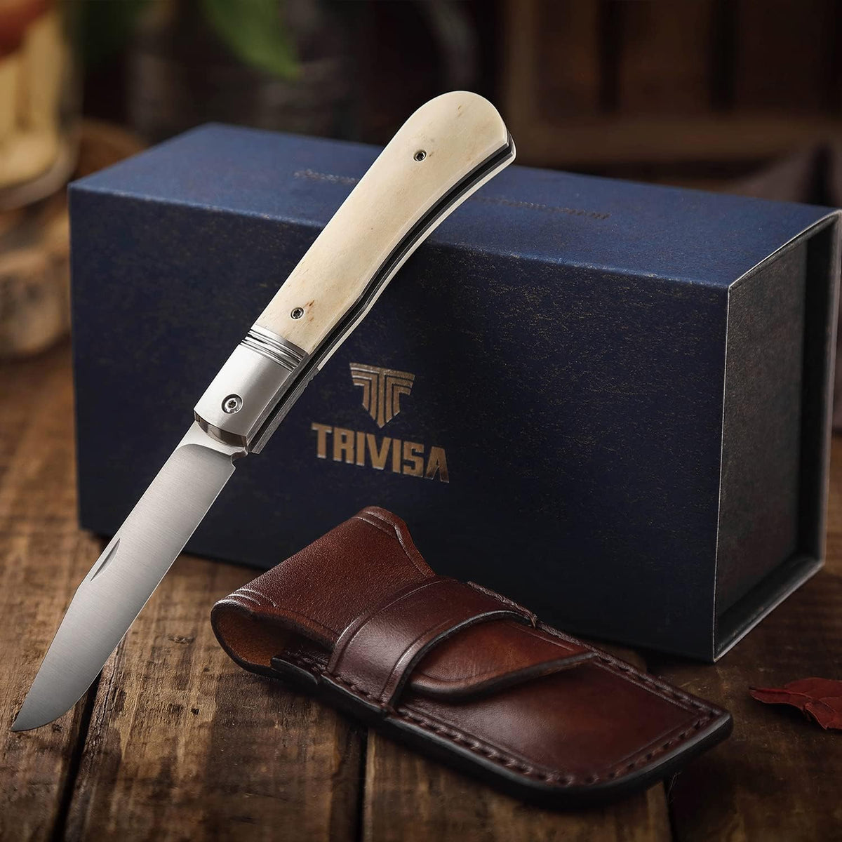 Folding Pocket Barlow Knife with Leather Sheath, 3in Bohler M390 Steel Blade, TC4 Ti Alloy & OX Bone Handle R557