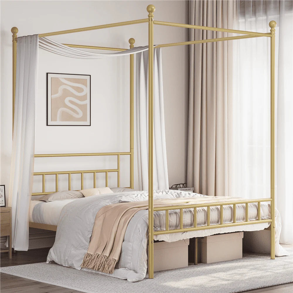 White Twin Metal Canopy Bed Frame with Headboard and Footboard E1617