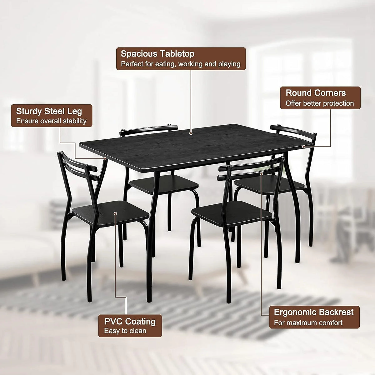 Modern Metal and Wood Rectangular Dining Table Set with 4 Chairs H6042