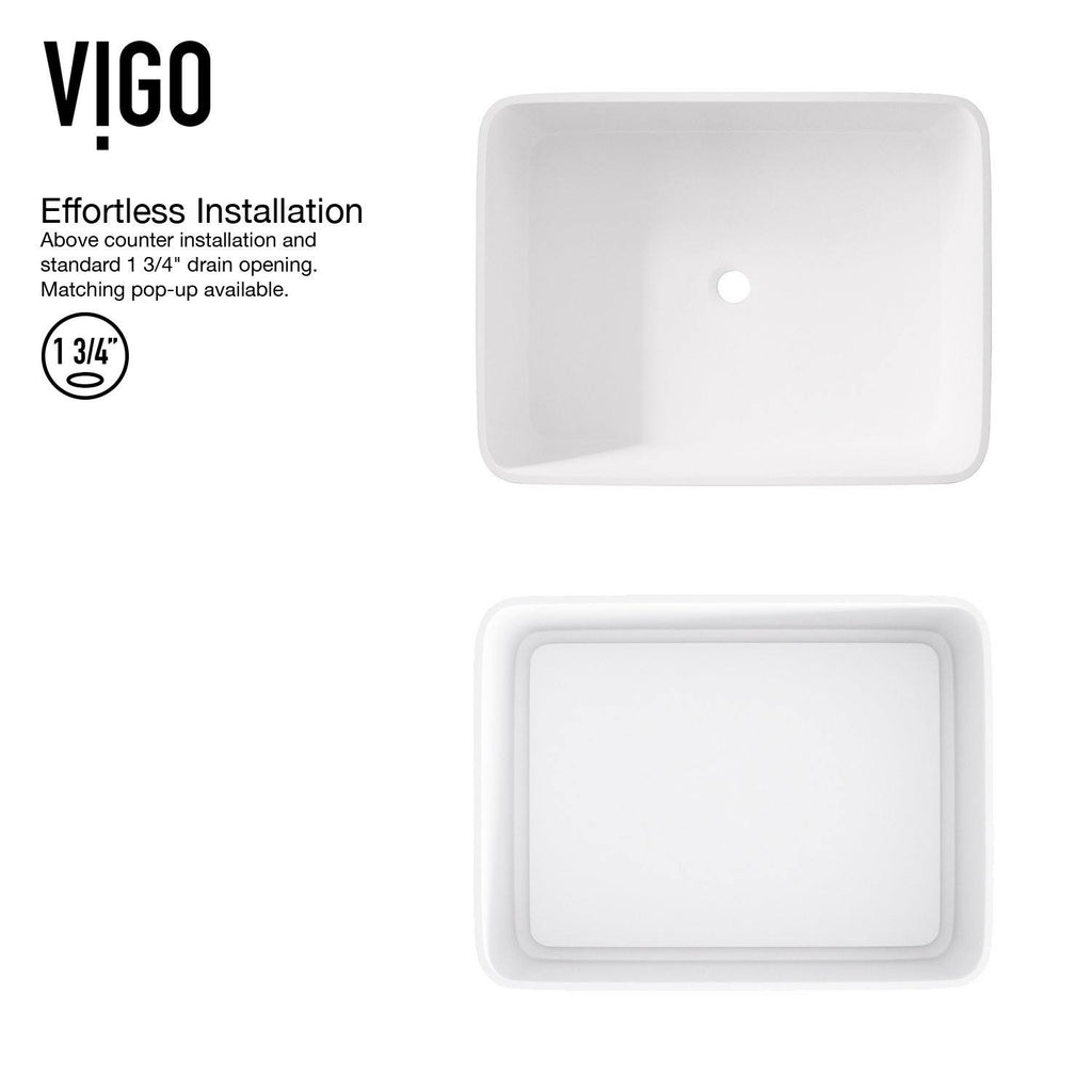 White Rectangular Vessel Bathroom Sink with Chrome Faucet and Pop-Up Drain D8695
