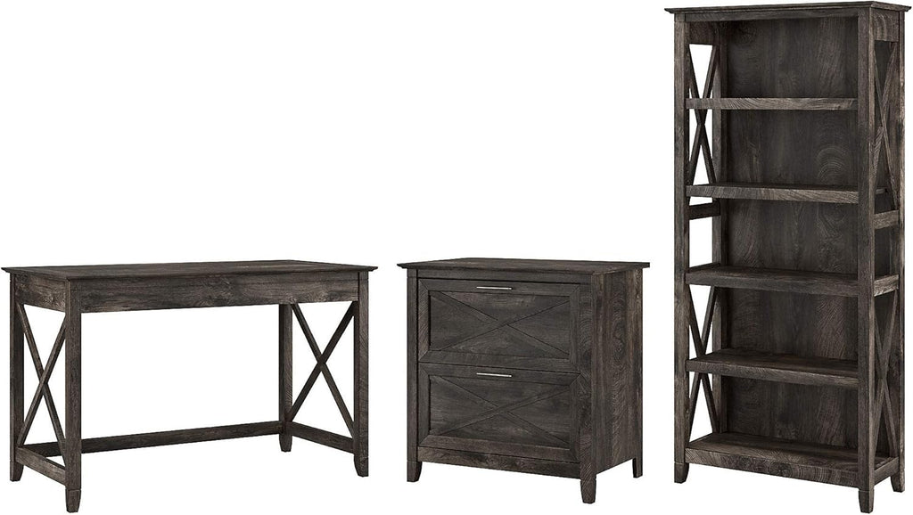 Key West Writing Desk with 2 Drawer Lateral File Cabinet and 5 Shelf Bookcase, 48W, Reclaimed Pine R729
