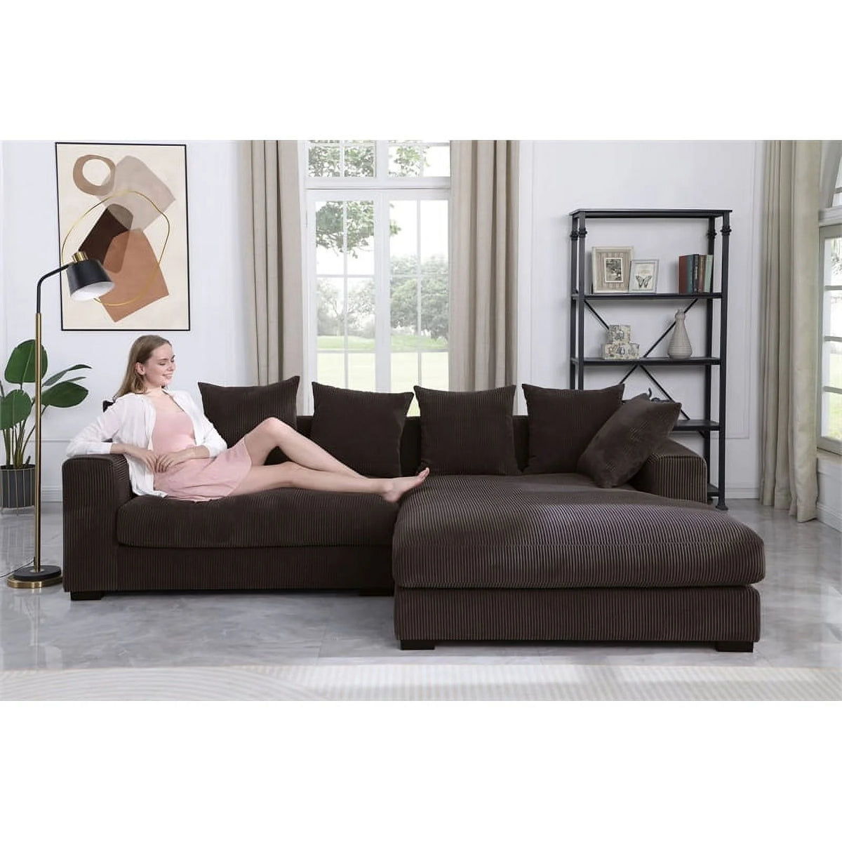 Brown Corduroy Upholstered Sectional Sofa with Chaise T72074