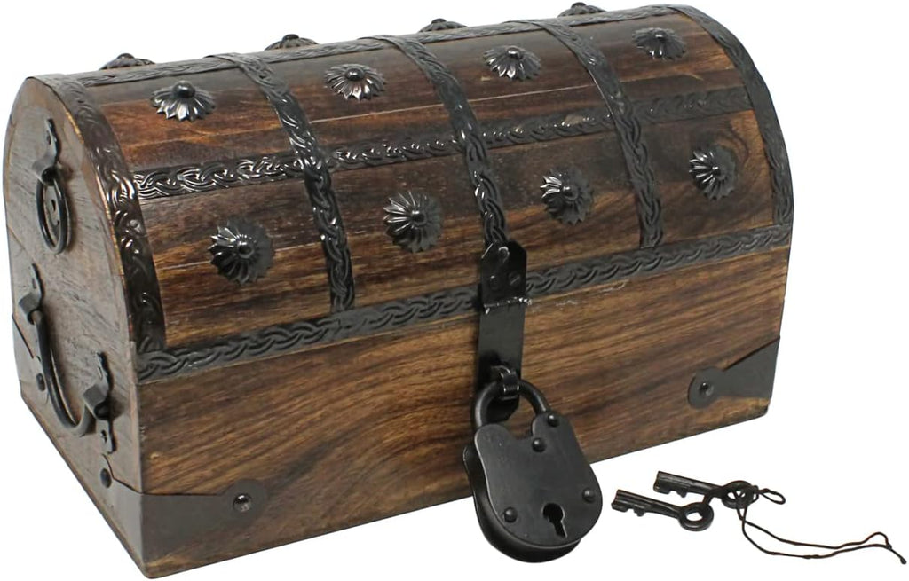 Pirate Treasure Chest with Iron Lock and Skeleton Key Wooden Storage Box A84938