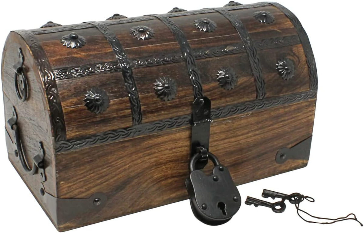 Pirate Treasure Chest with Iron Lock and Skeleton Key Wooden Storage Box A84938