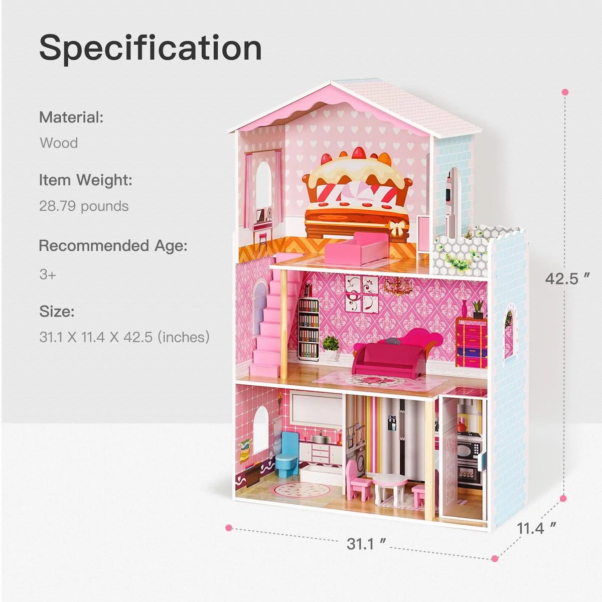 Dollhouse Kit with Accessories and Furniture, 31.1'' x 11.4'' x 42.5'' R930538